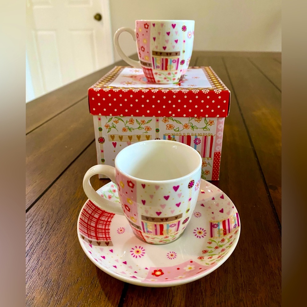 “Pink/ White Coffee/ Tea Set for Two”